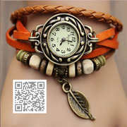 Часы браслет кожаный бусинки на кнопке 6 цветов винтаж 2014